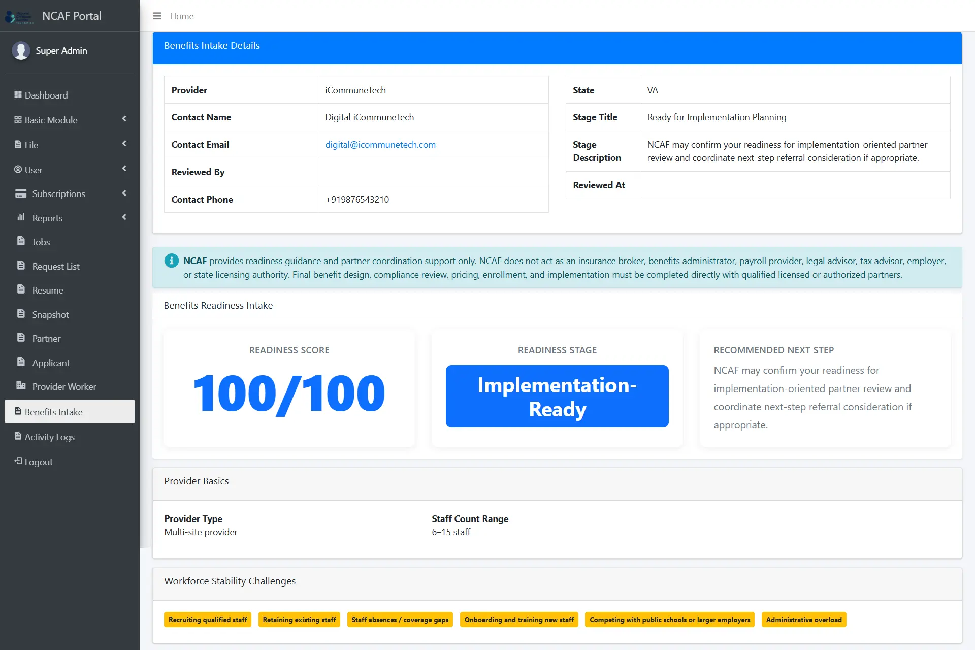 NCAF readiness results showing score, stage, and recommended next steps