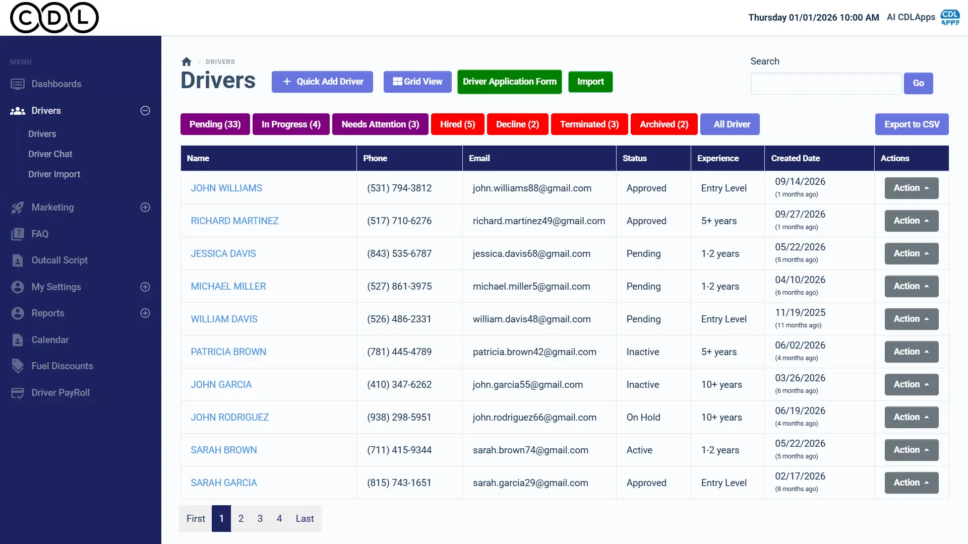 CDLApps recruiter dashboard with driver applications and DQ file status