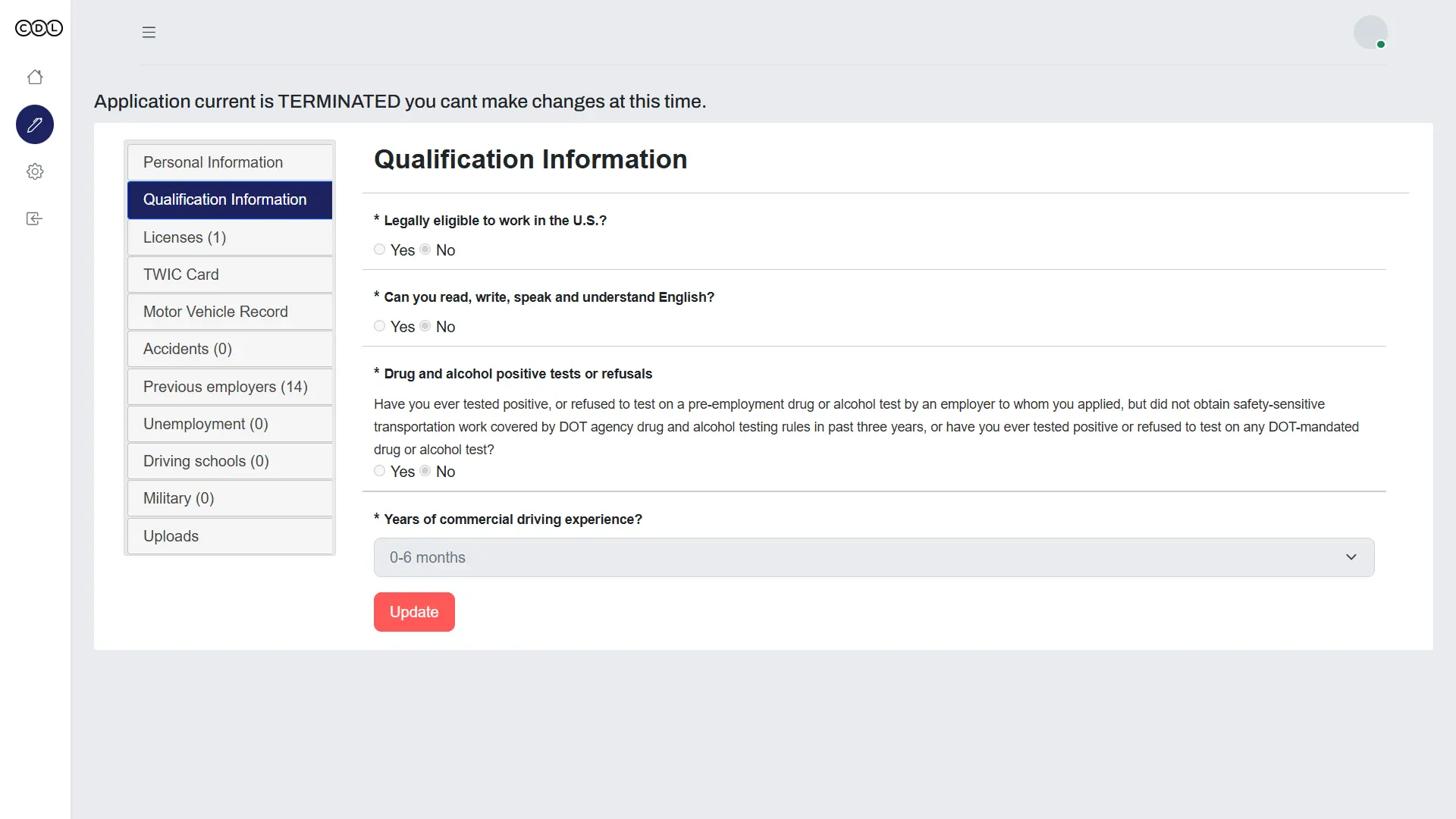 CDLApps recruiter dashboard with driver applications and DQ file status