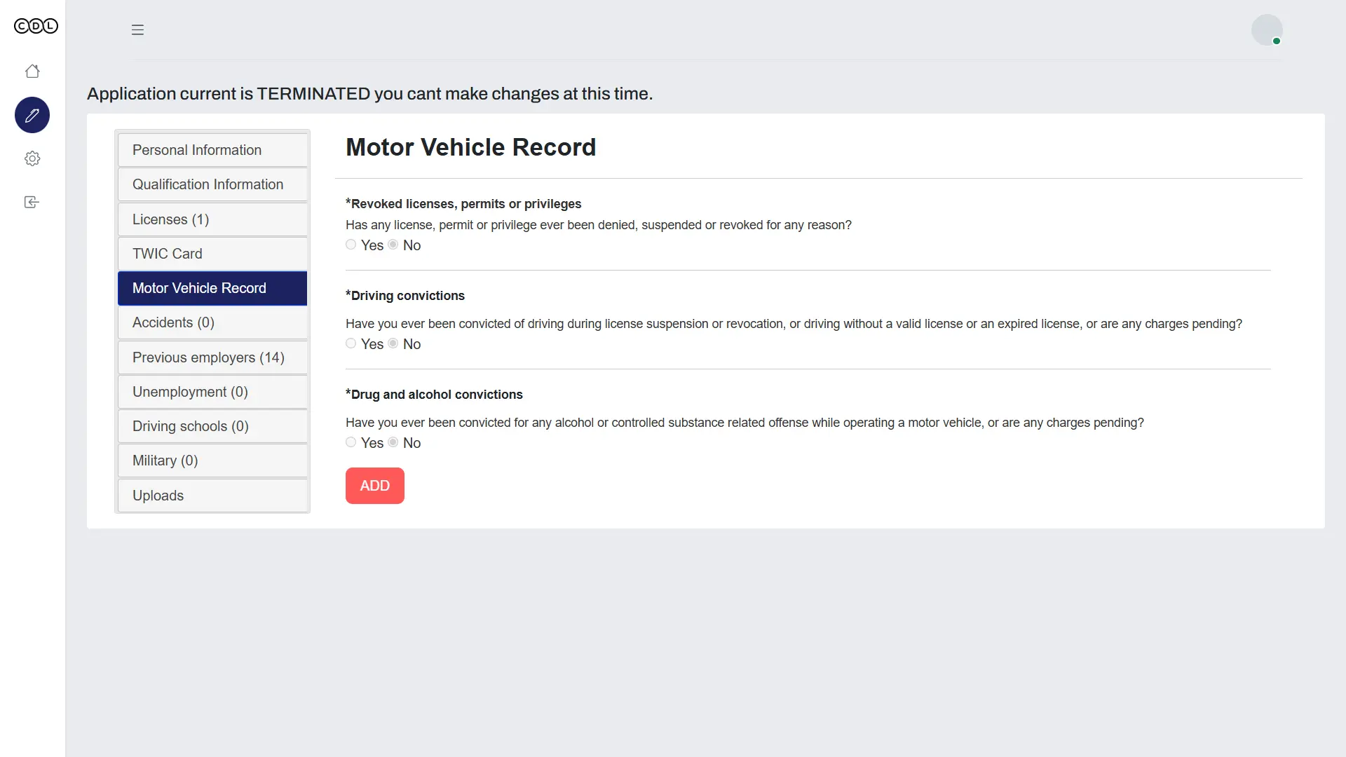 CDLApps recruiter dashboard with driver applications and DQ file status