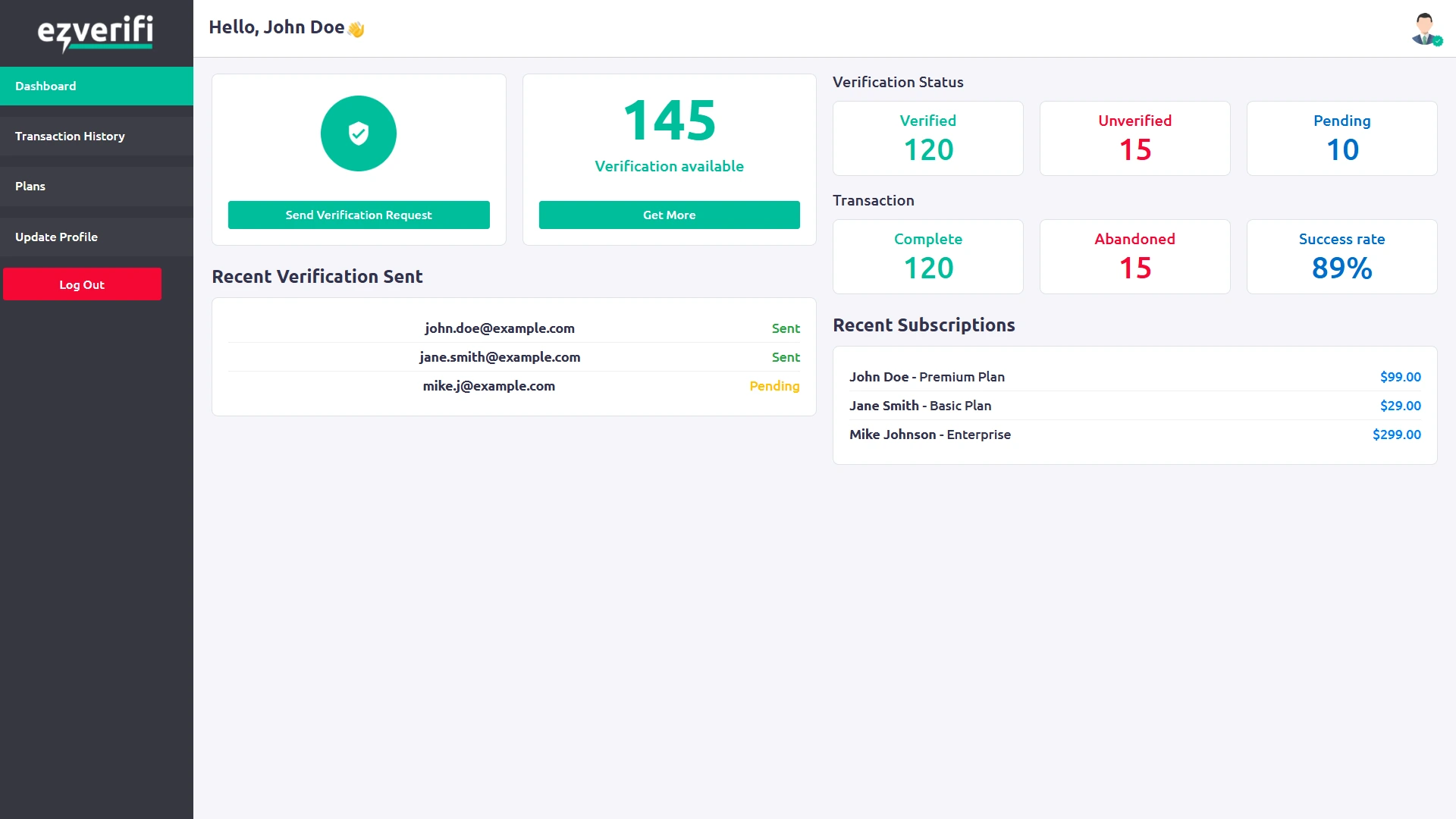 eZverifi dashboard showing completed verifications