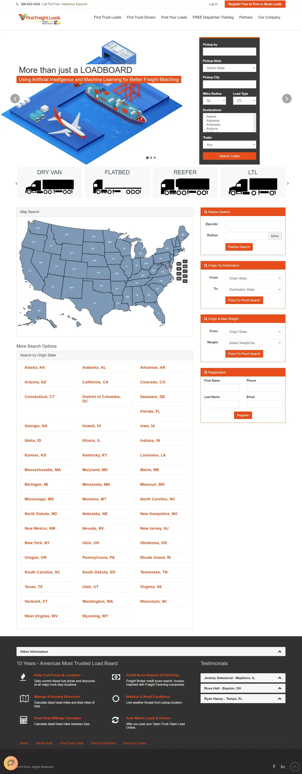 FindFreightLoads load search with pickup city, state, and destination filters