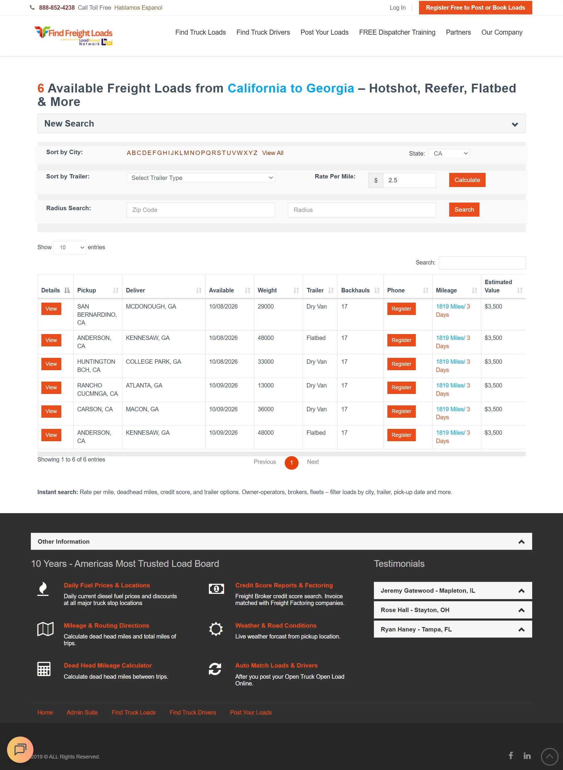 FindFreightLoads search results showing pickup city and state for each load