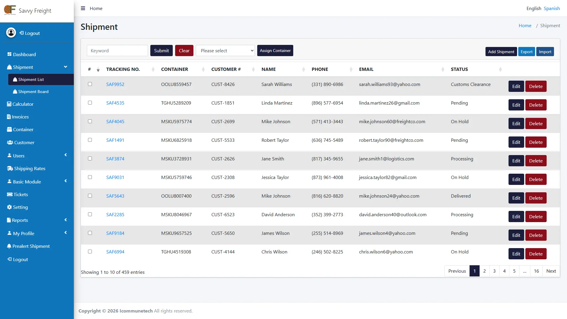 Add Shipment screen with automatic DIM weight and freight charge calculation