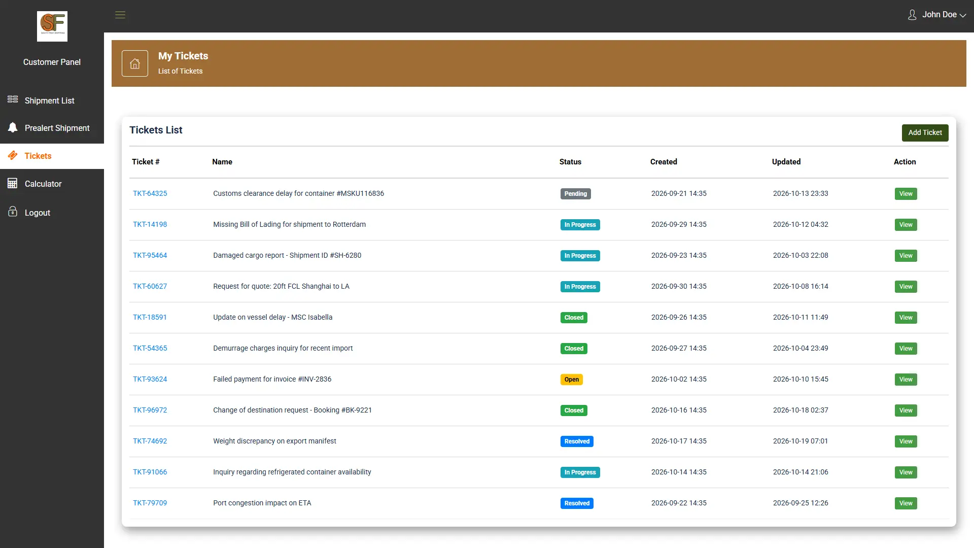 Customer portal showing prealerts, tickets, and invoice payment