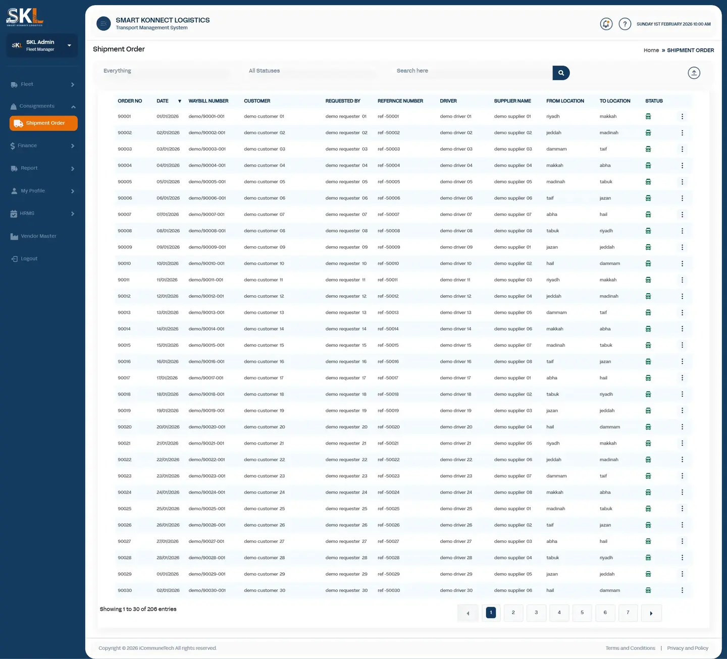 SK Logistics platform showing shipment orders with route, driver, and status