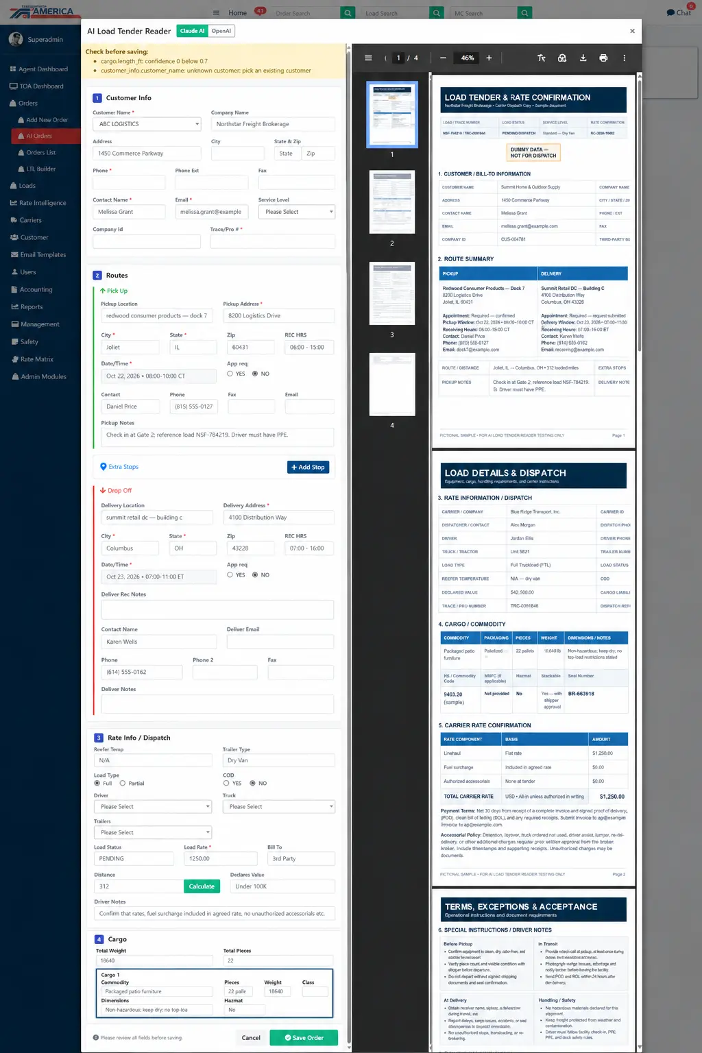 Rate metrics screen with lane history and DAT market rates