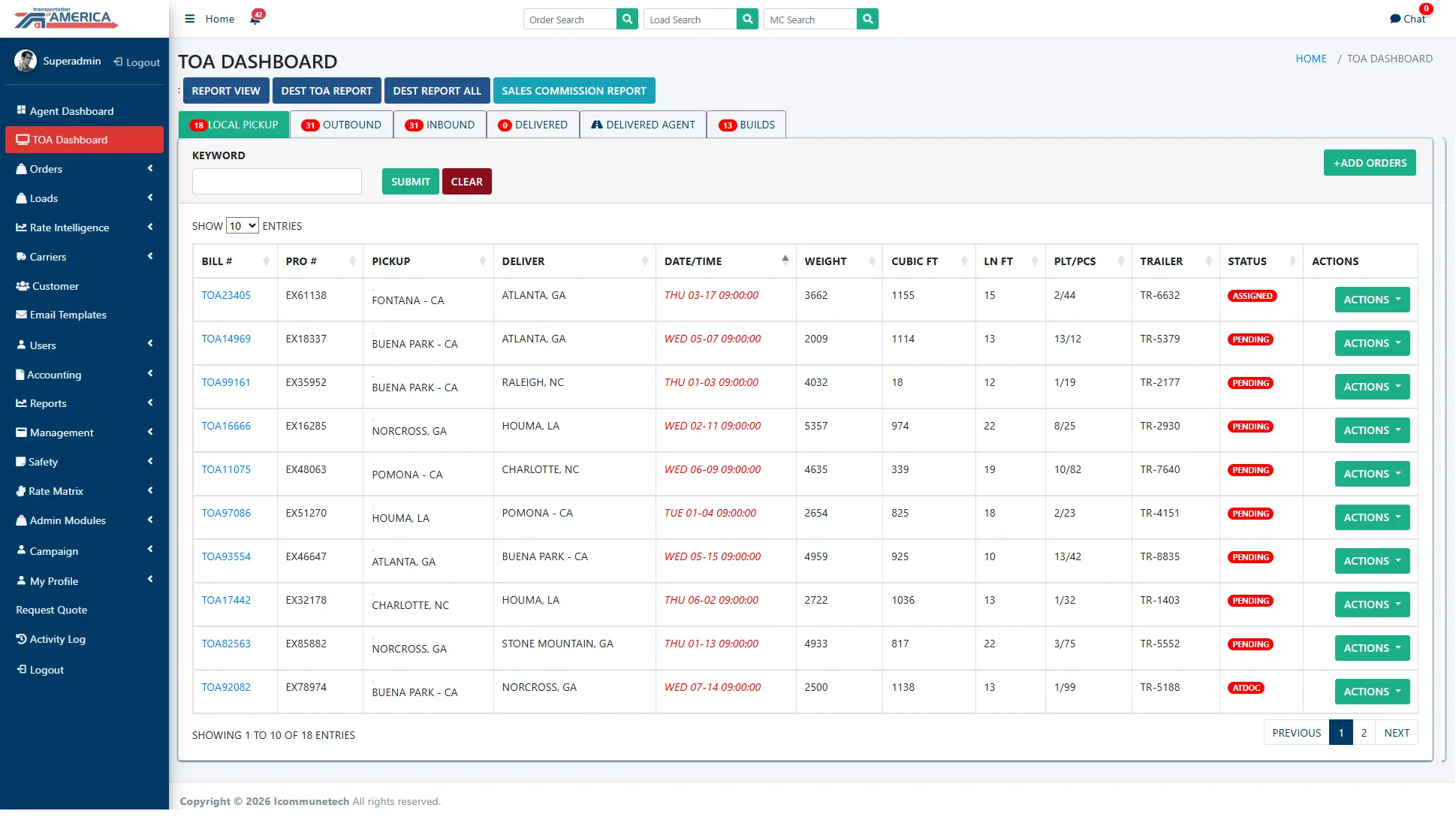 Transportation of America TMS dispatch screen with SMS and email notification status