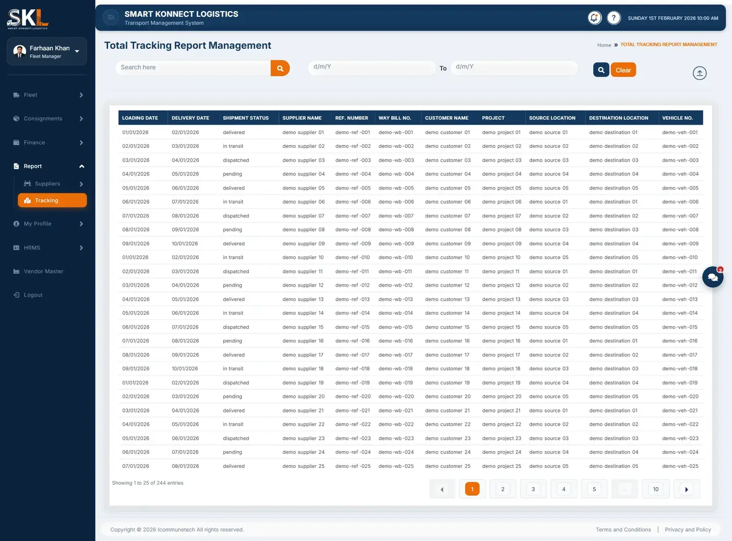 SK Logistics total tracking report showing shipments from request to proof of delivery