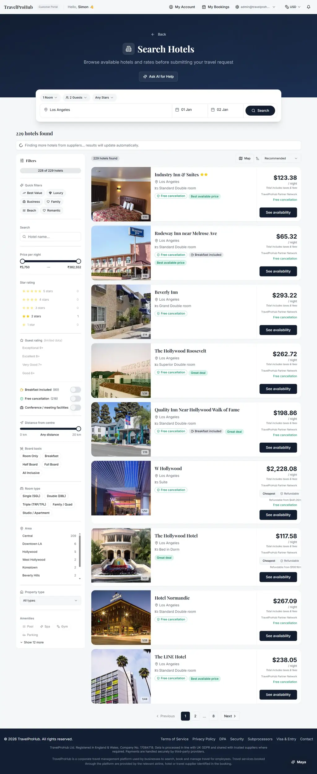 SP Travels hotel search results with grouped supplier rates