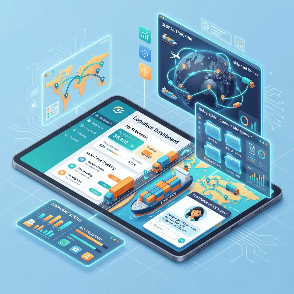Graphic illustrating a customer portal dashboard designed to improve freight forwarding experiences