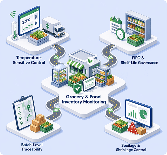 Diagram representing grocery and food inventory monitoring.