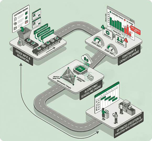 Diagram representing the optimization of manufacturing sequencing, capacity planning, and shared resource allocation.