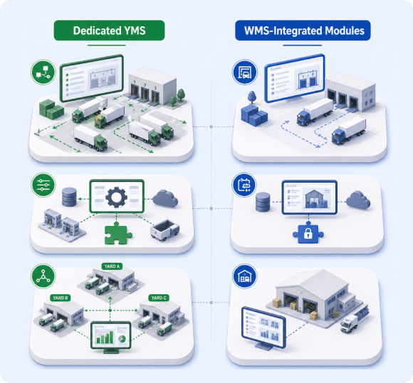 Diagram representing the comparison between dedicated YMS and WMS-integrated yard modules.