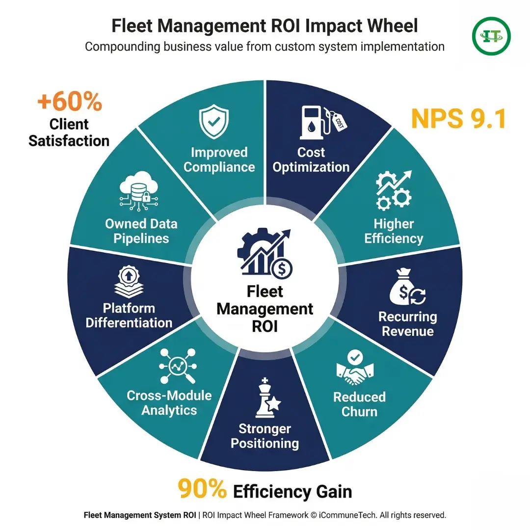 1:1 square infographic of a circular wheel diagram with nine teal and navy alternating segments, each showing an icon and short title for ROI benefits like cost optimization and compliance, with three conceptual data callouts outside the wheel